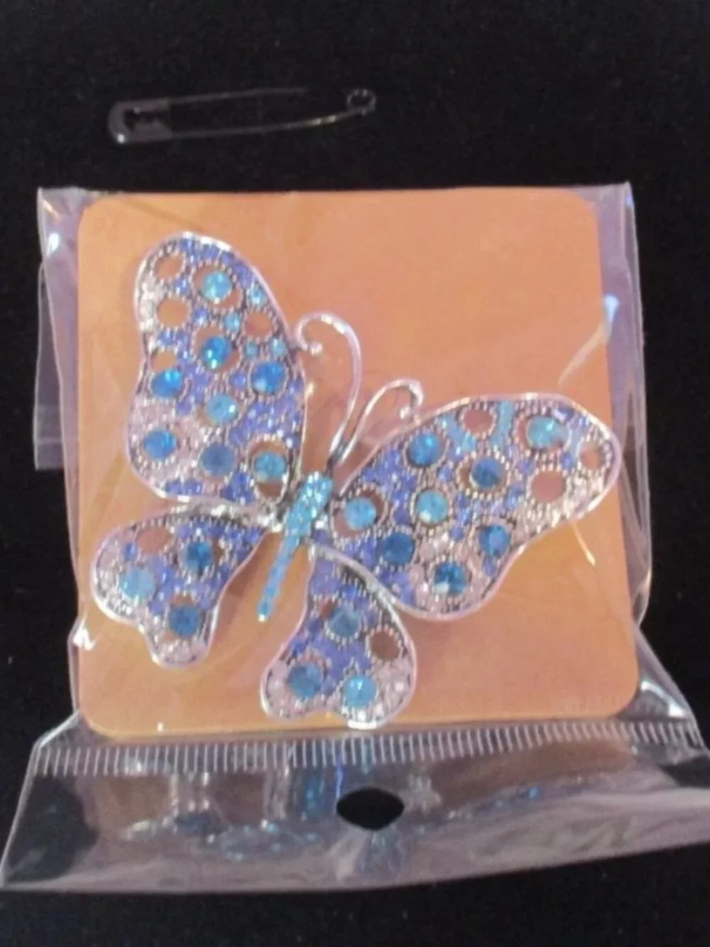 Butterfly Brooch Silver Tone with Intricate Blue Rhinestones and Crystals